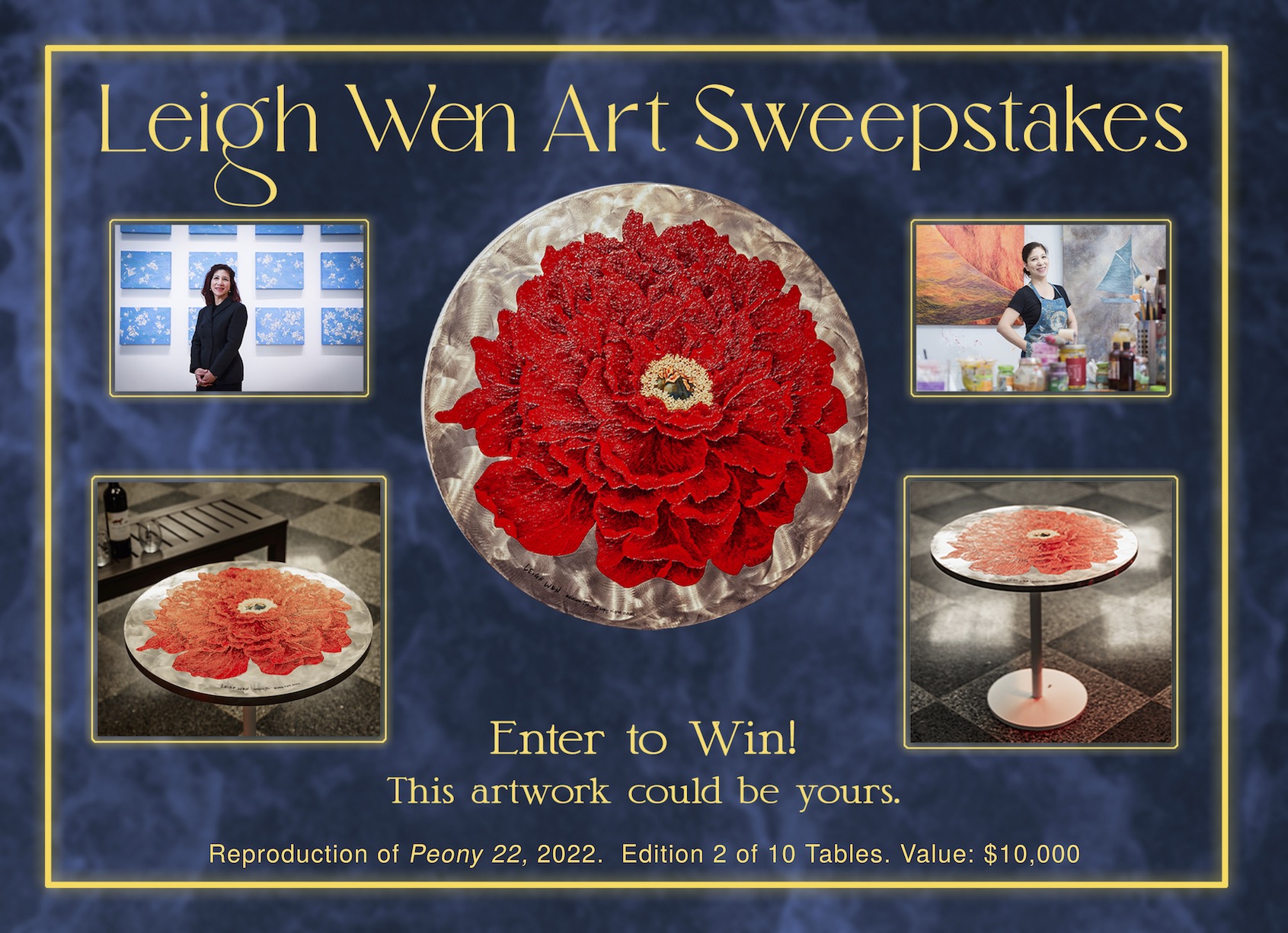 Leigh Wen art sweepstakes postcard with text that reads enter to win, this arwork could be yours. 2 images of the artist and 3 images of their work can be seen collaged on the postcard. 