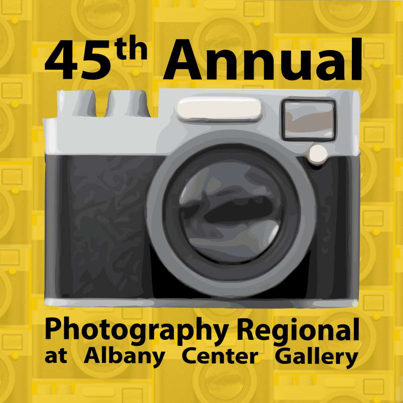 Graphic for the 45th Annual Photography Regional with text that reads the same, and a stylized image of a camera sits in the center over a yellow background.